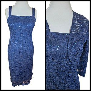 Y2K Womens Dark Blue Lace Sequins Formal Dress Bolero Sz 8 Stretchy Mother Bride